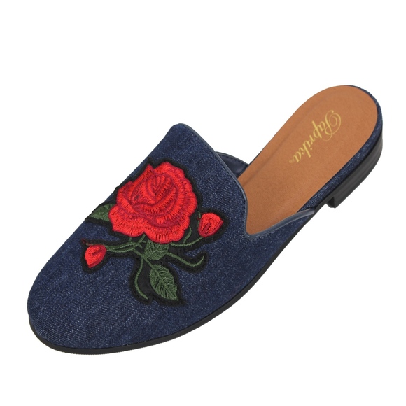 Shoes - Blue Rose Embroidery Backless Slip On Loafer Mule